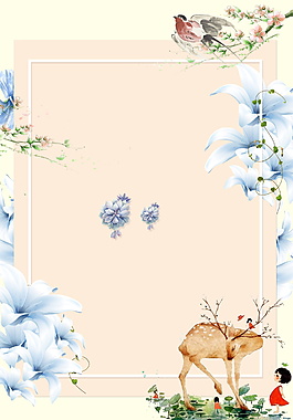 日系文艺喜鹊梅花鹿蓝色花朵广告背景素材