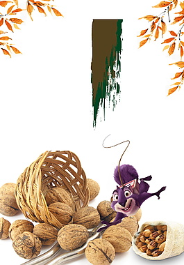 箩筐核桃黄色树叶广告背景素材