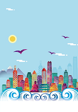 彩绘蓝天下彩色的香港城市旅游背景