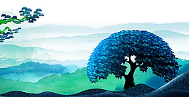 清新蓝色系大树广告背景