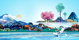 清新湖泊植物广告背景