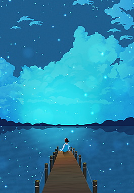 蓝色星空下海岸上的女孩晚安背景素材