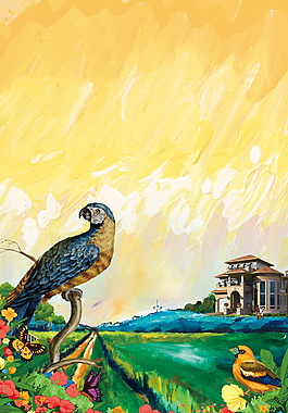 彩绘黄色背景鹦鹉山水房地产背景素材