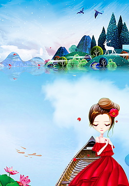 湖面小船上的卡通女孩山水背景素材