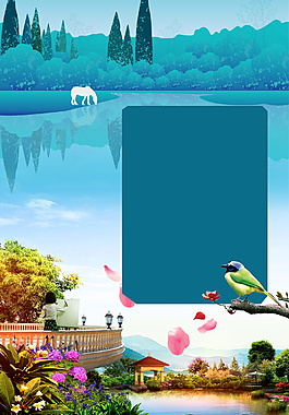 蓝色湖泊岸上的动物山水风景素材