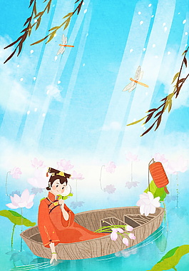 清新船只上古典女孩夏季背景素材