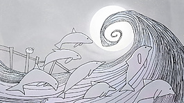手绘线条海洋巨流海豚背景素材