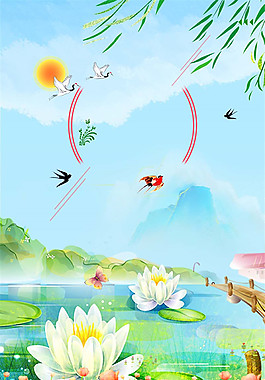 清爽夏季柳叶仙鹤夏至背景素材