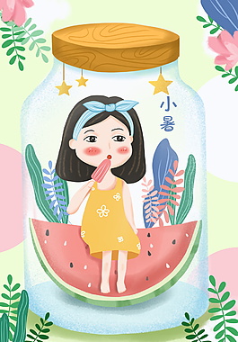 坐在西瓜上吃冰棒的女孩小暑节气背景设计
