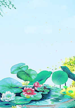 彩绘大片荷叶小暑节气背景素材