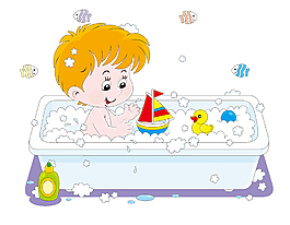矢量卡通浴室盆里开心玩耍的小朋友