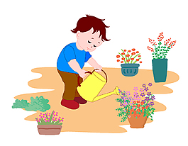 卡通可爱男孩浇花元素
