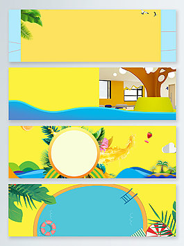 黄色卡通花环泳池banner背景