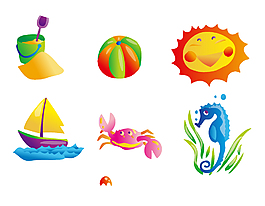 手绘彩色海滩生物与玩具