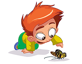 创意卡通观看蝴蝶的小男孩