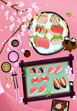 彩绘日系寿司美食广告背景素材