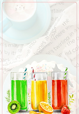 三杯鲜艳颜色果汁冷饮英文底纹广告背景素材