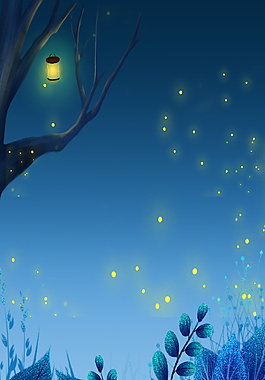 漫天萤火虫树上小灯笼仲夏之夜背景素材