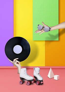 时尚3D立体撞色系溜冰鞋墨镜海报背景素材