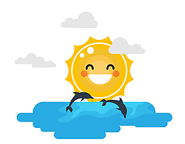 小清新云朵太阳大海元素