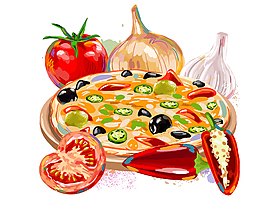 卡通蔬菜西红柿披萨元素