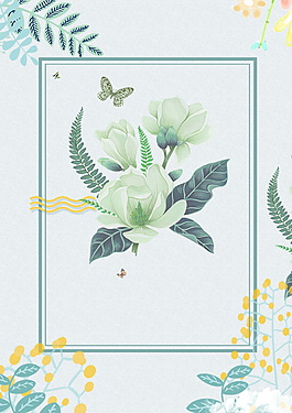 手绘陈旧花朵绿叶边框夏季背景素材