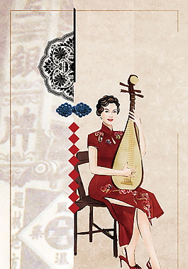 美丽韵味手绘旗袍美女广告背景
