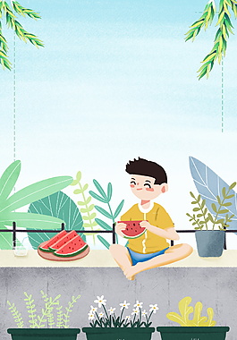 彩绘卡通男孩吃西瓜大暑背景素材