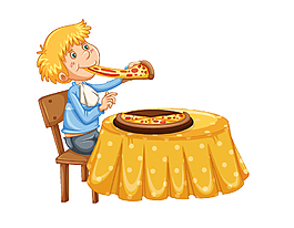 卡通吃披萨的小男孩矢量图