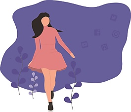 手绘少女散步矢量素材