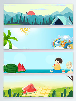 卡通西瓜暑期风景banner背景