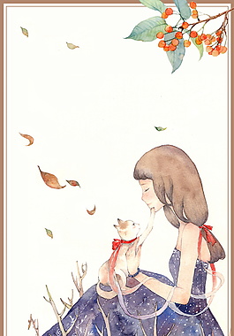 彩绘秋姑娘与猫咪果枝边框落叶背景
