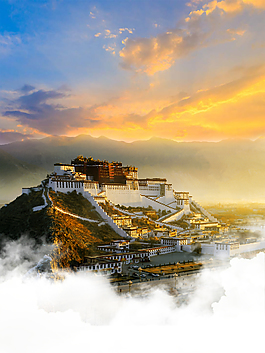 蓝天白云风景黄昏宫殿建筑西藏背景