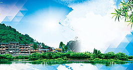 清新淡雅湖面楼房广告背景