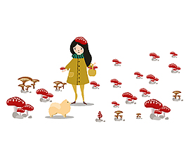 卡通采蘑菇的小姑娘矢量图