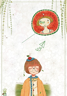 可爱手绘短发女子广告背景