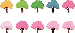 彩色云朵樱花树矢量素材