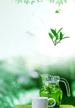 剪影绿茶茶壶绿色广告背景素材
