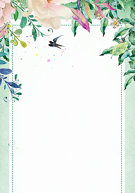 浅粉花朵手绘绿叶燕子绿色背景素材