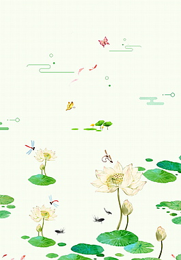 简约手绘荷花蜻蜓蝴蝶绿色背景素材