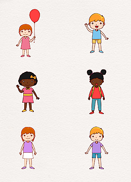 6款不同肤色的小孩卡通矢量素材