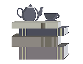 卡通书本上的茶壶与茶杯矢量图
