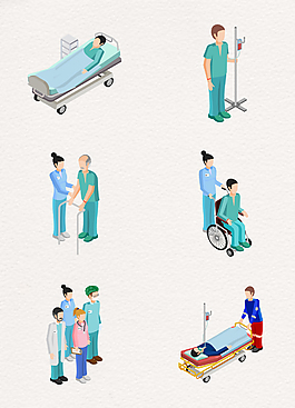卡通手绘医院病人和救护员矢量图