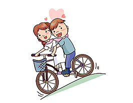 卡通手绘情侣骑自行车矢量元素