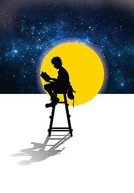 坐在月亮下看书的男孩阅读背景素材