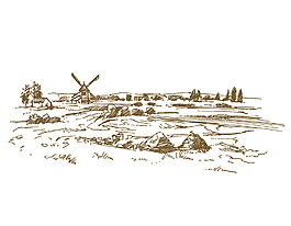 素描郊外河边景点矢量图