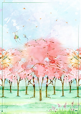 彩绘樱花雪山边框背景素材