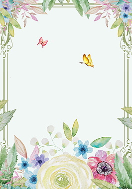 水彩五颜六色叶子花朵蝴蝶绿色背景