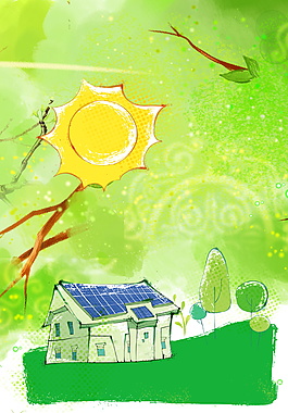 大太阳底下的房子草地绿色背景素材