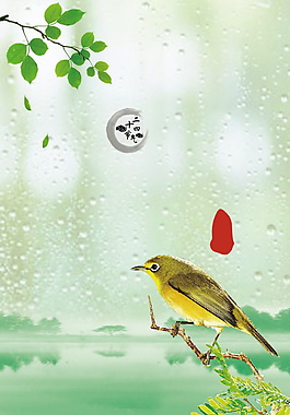 雨中模糊树枝小鸟背景素材